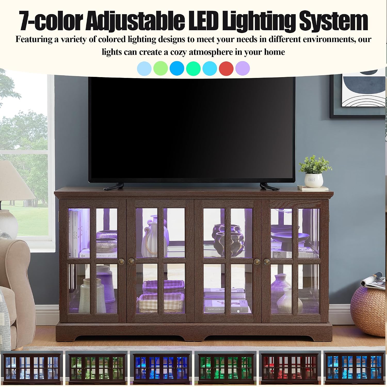 4 Door Curio Display Cabinet w/LED Light & Adjustable Shelves,59' Multipurpose Tableware Display Sideboard w/Mirrored Back Pane,Glass Storage TV Stand for Kitchen & Living Room (Cherry)