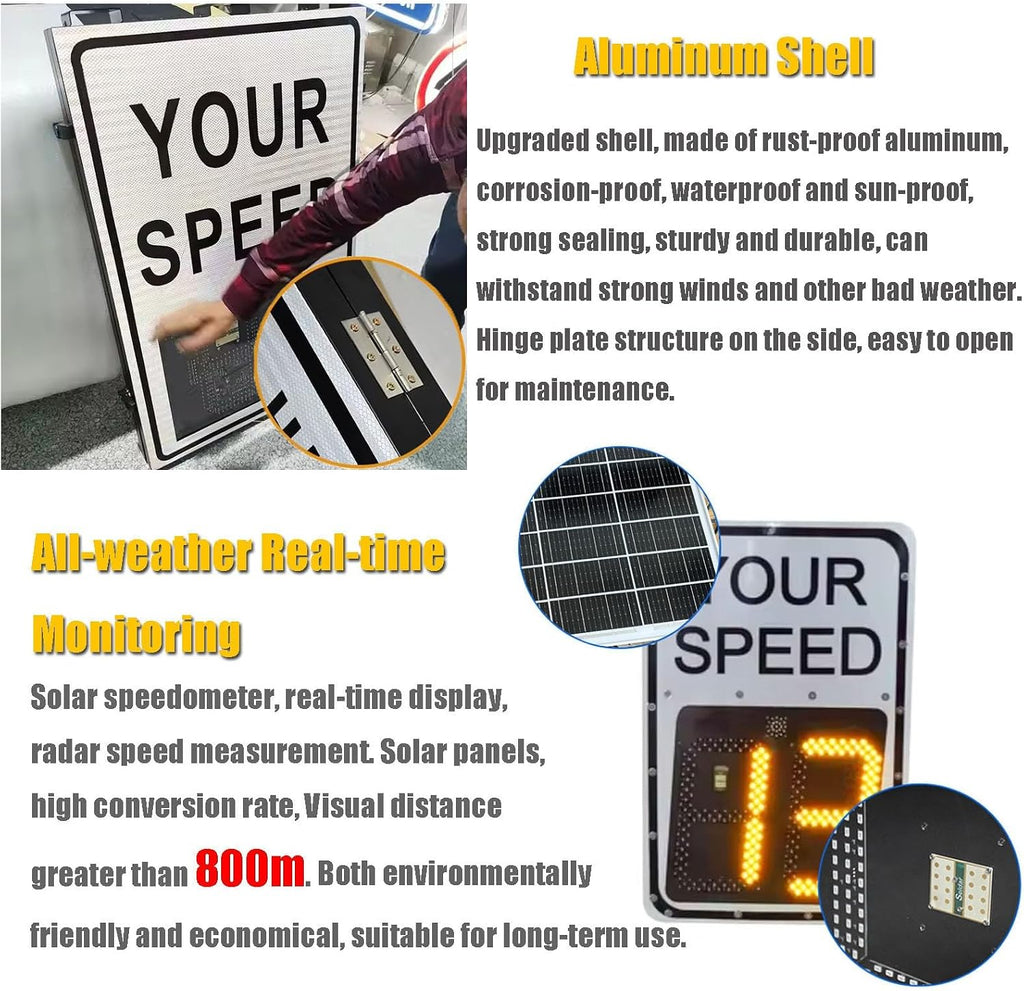 White Speed Display Radar Traffic Warning Sign, 24'x35'/20'x27' Solar LED Variable Speed Limit Sign Radar Vehicle Feedback Signage for Roadway Safety, with Accessories(A,50 * 70cm)