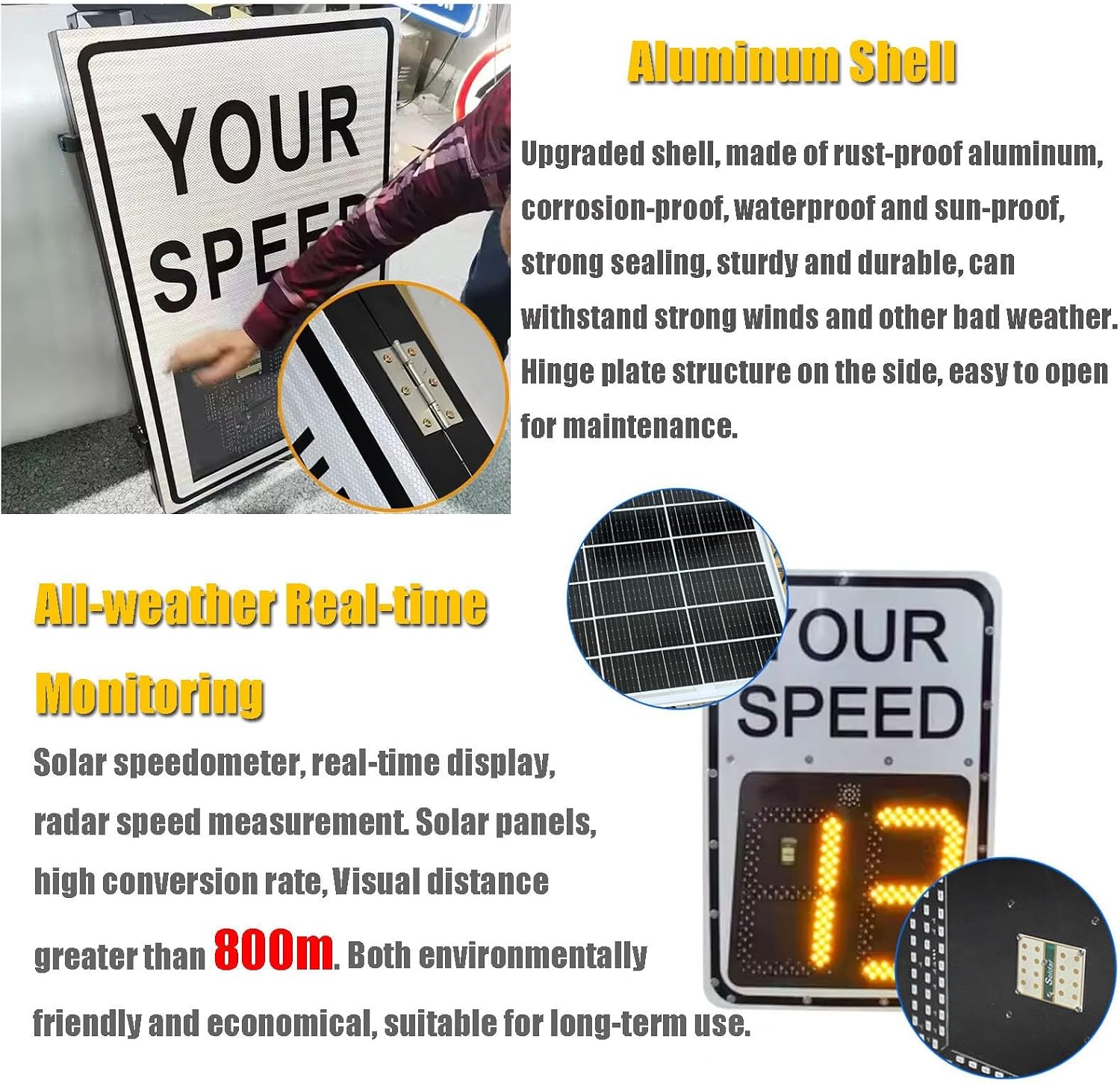 White Speed Display Radar Traffic Warning Sign, 24'x35'/20'x27' Solar LED Variable Speed Limit Sign Radar Vehicle Feedback Signage for Roadway Safety, with Accessories(A,50 * 70cm)