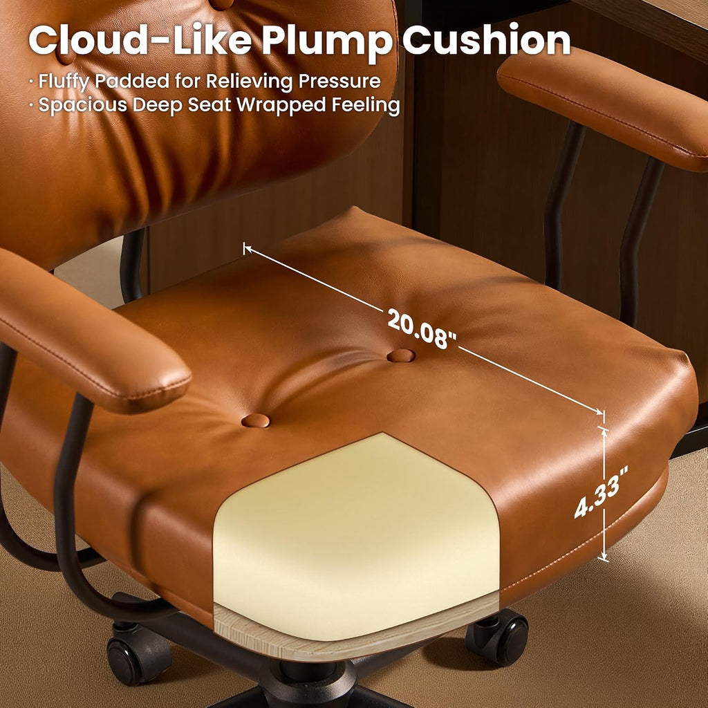 ovios Ergonomic Office Chair, Mid Back Faux Leather Executive Chairs with Thick Cushion, Comfy Mid-Century Modern Swivel Rolling Computer Armchair (Brown, PU Leather)