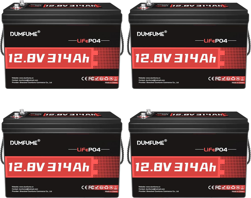 4 Pack 12V 300Ah (314Ah) LiFePO4 Battery, Built-in 200A BMS, 4019Wh 300ah Rechargeable Lithium Iron Phosphate Battery for Solar Systems, Off-Grid Power Systems,Camping