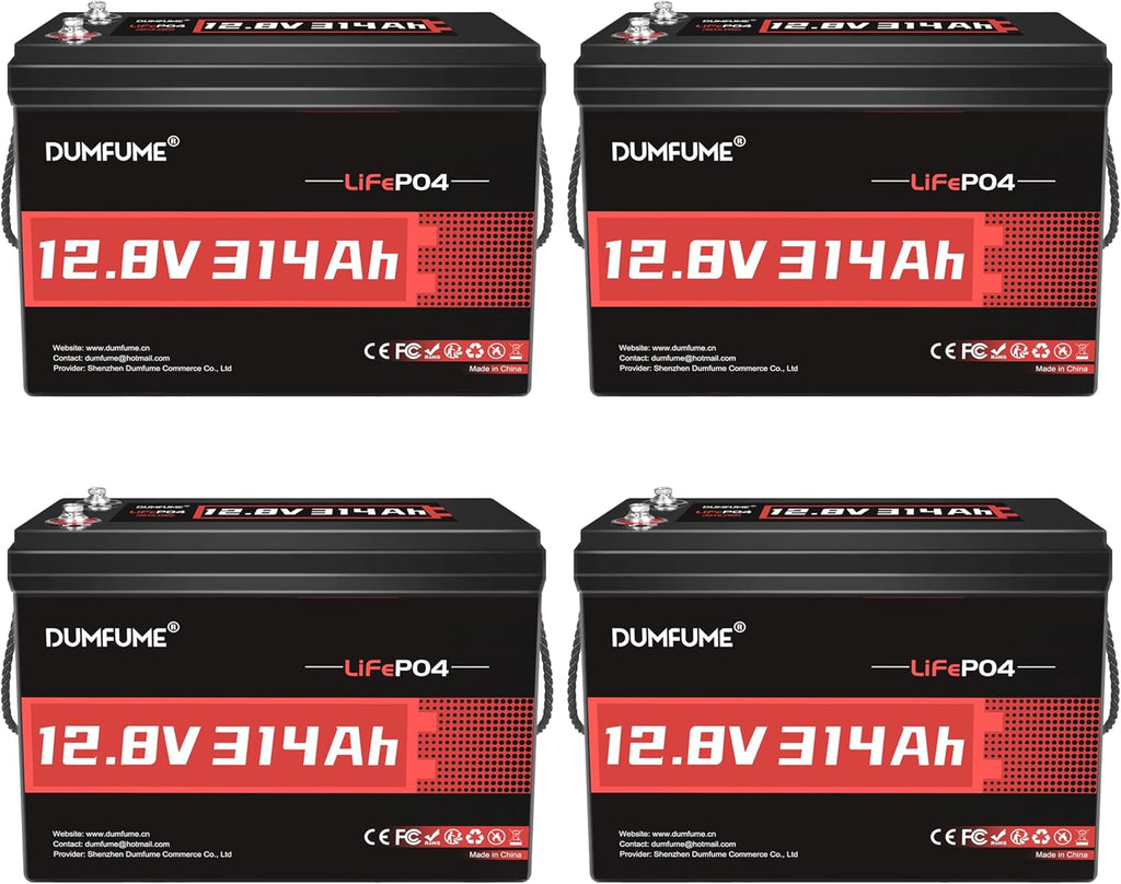 4 Pack of 12V 314Ah LiFePO4 Lithium Batteries, 200A BMS 15000+ Cycles,Low Temp Cutoff,4.01kWh for Massive Solar, Off-Grid & RV Power System