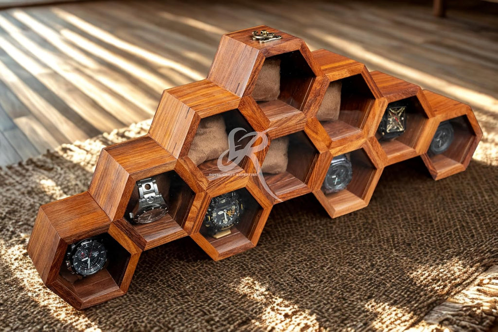 Wooden Watch Box Organizer for Men – 10 Slot Luxury Honeycomb Watch Case | Dark Rosewood Wood & Glass Display Box | Elegant Wooden Timepiece Display Case Boxes for Men – Best Gift for Him