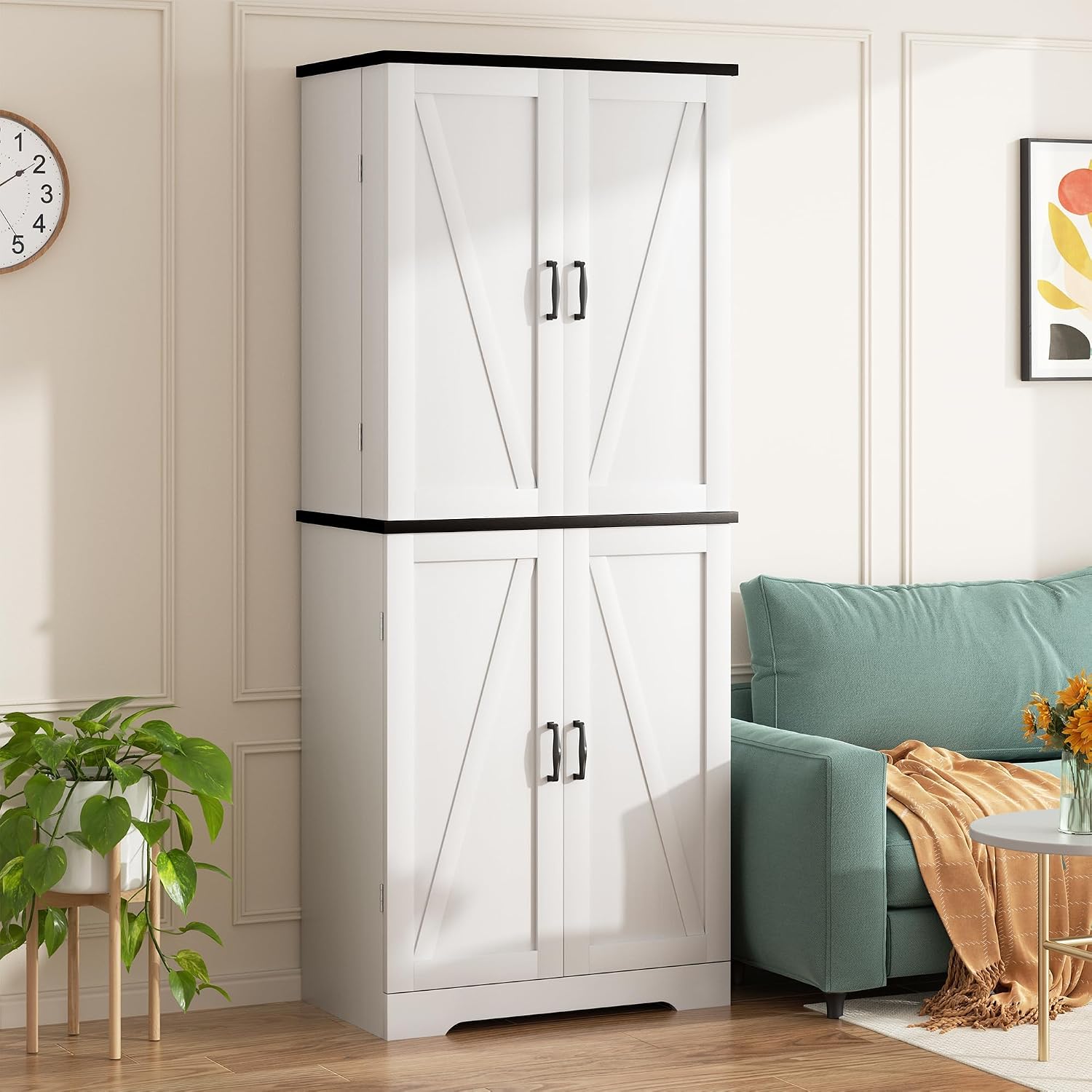 Shintenchi Kitchen Pantry Cabinet, Freestanding Farmhouse Storage Cabinet with 8 Door Shelves, 2 Cabinets and 1 Drawer, Tall Cupboard for Kitchen, Living Room, Dining Room and Bathroom, White