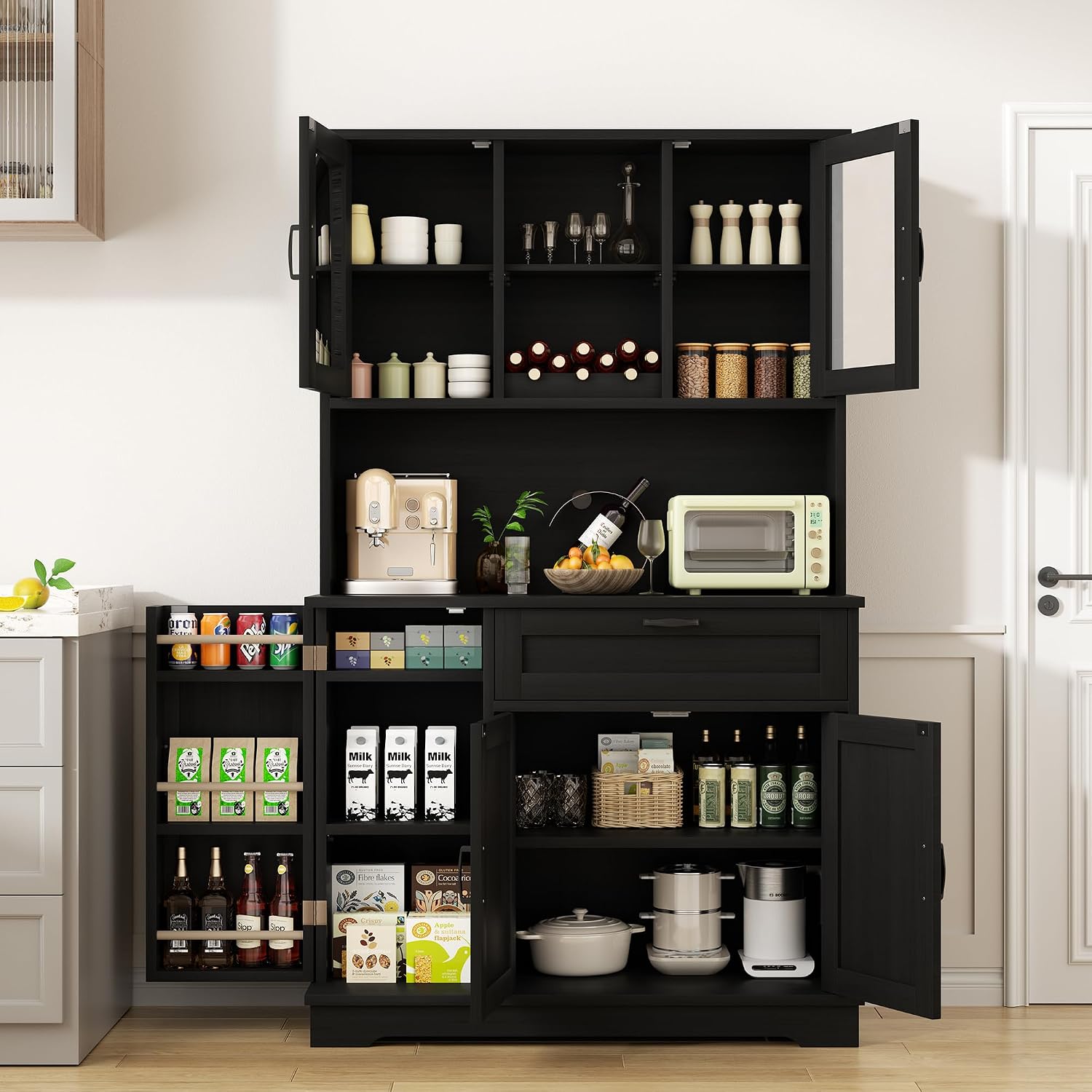 Shintenchi Kitchen Pantry Storage Cabinet, Freestanding Buffet Cabinet with Microwave Stand & 4 Door Shelves, Kitchen Hutch with Doors, Adjustable Shelves and Wine Rack, Black