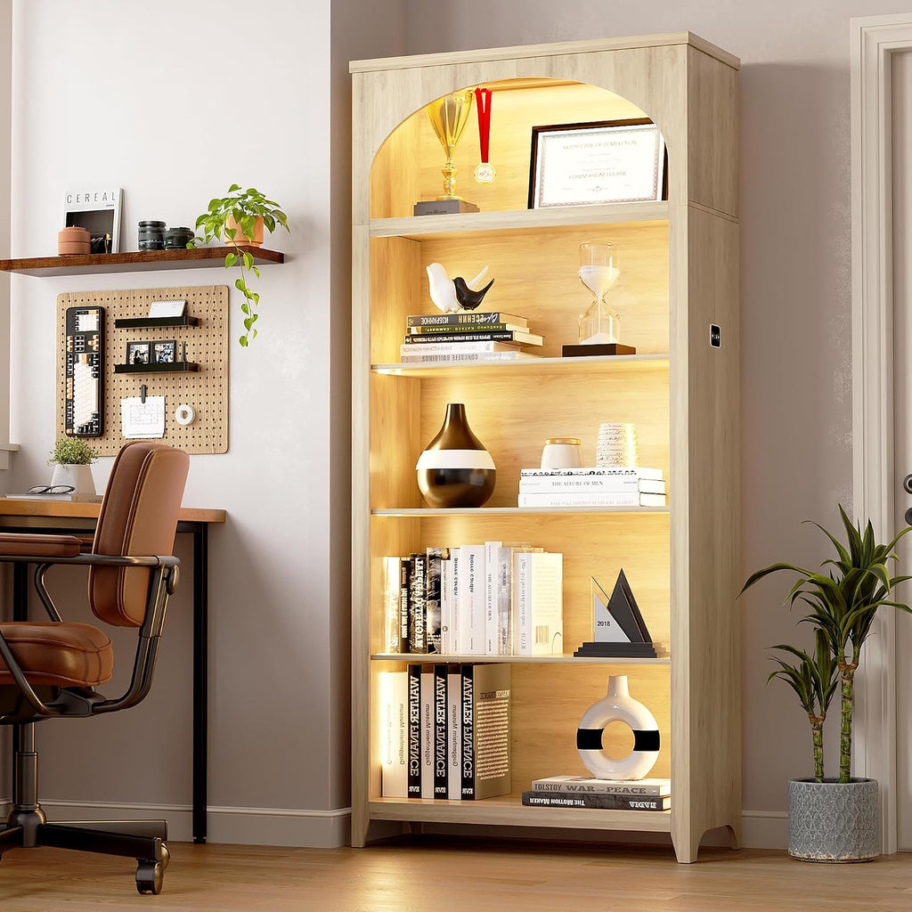 5-Tier LED Arched Bookshelf with Lights - 70'' Tall Bookcase with Storage, Floor Standing Modern Display Shelf for Living Room, Office, Study Room, Entryway, Ideal Gift, Natural Oak