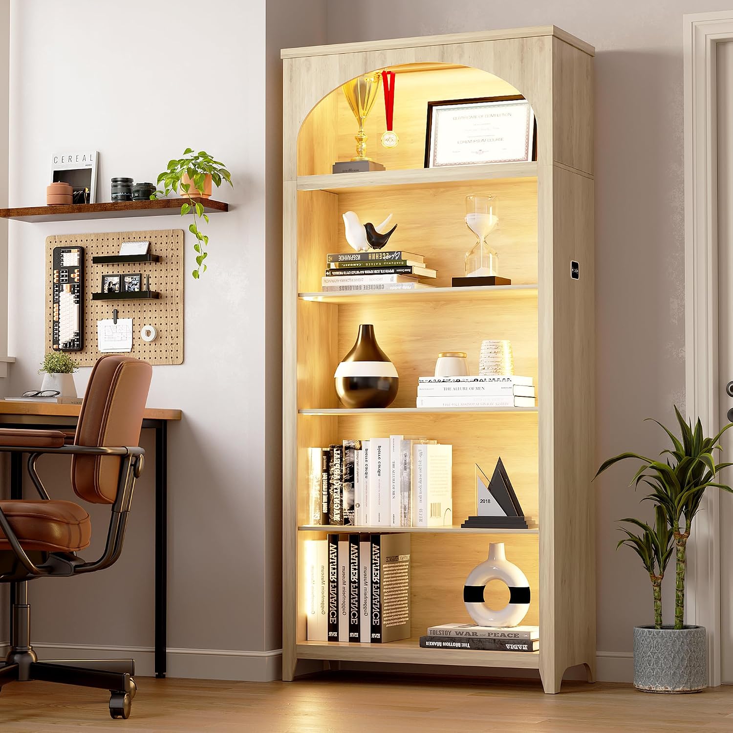 5-Tier LED Arched Bookshelf with Lights - 70'' Tall Bookcase with Storage, Floor Standing Modern Display Shelf for Living Room, Office, Study Room, Entryway, Ideal Gift, Natural Oak