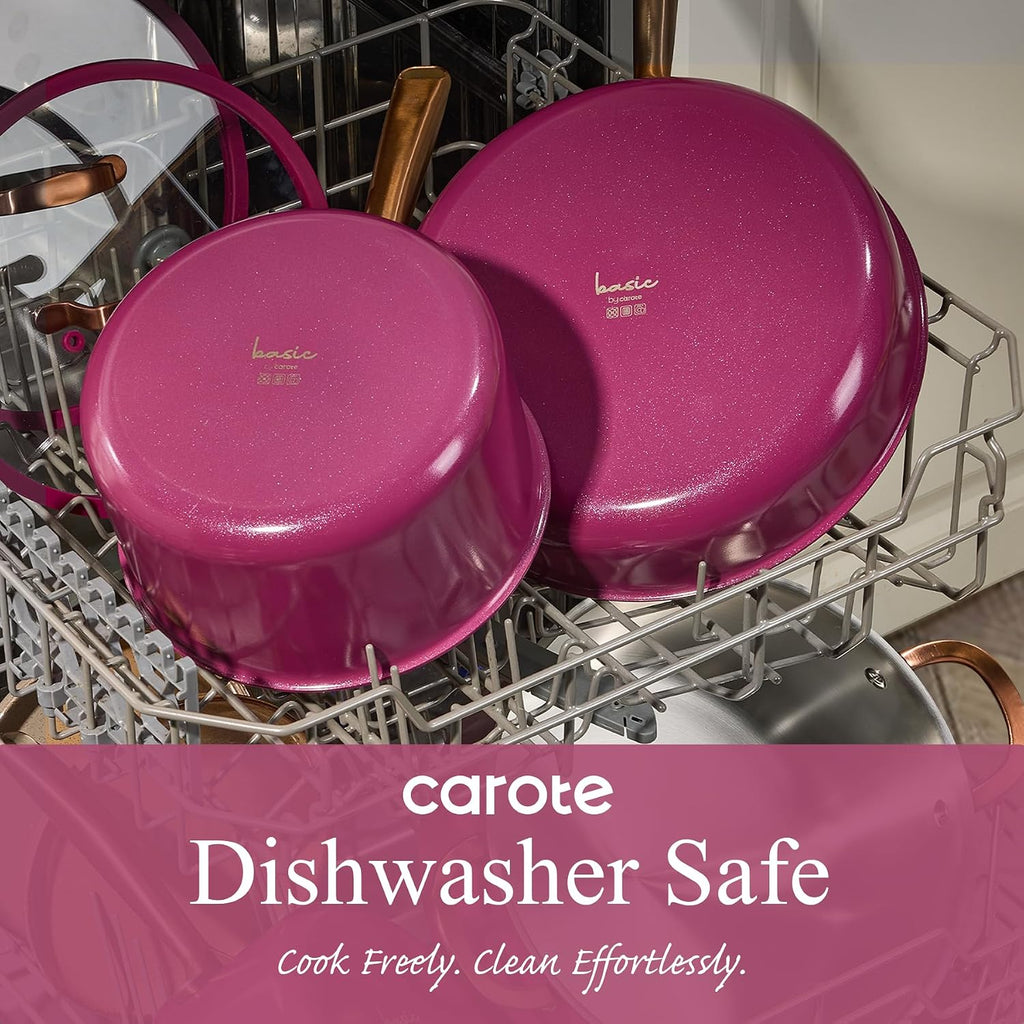 CAROTE 7pcs Tri-Ply Stainless Steel Cookware Set, Pots and Pans Set, Non Stick Induction Kitchen Cooking Sets, Outer Ceramic Layer, Nonstick Cookware Collection, Violet Purple