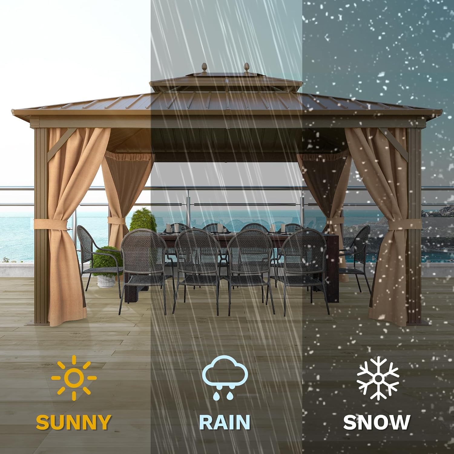 DWVO 10x12ft Hard top Gazebo Double Roof Galvanized Steel Outdoor Metal Pavilion Gazebo with Netting, Curtains for Backyard, Patio and Deck