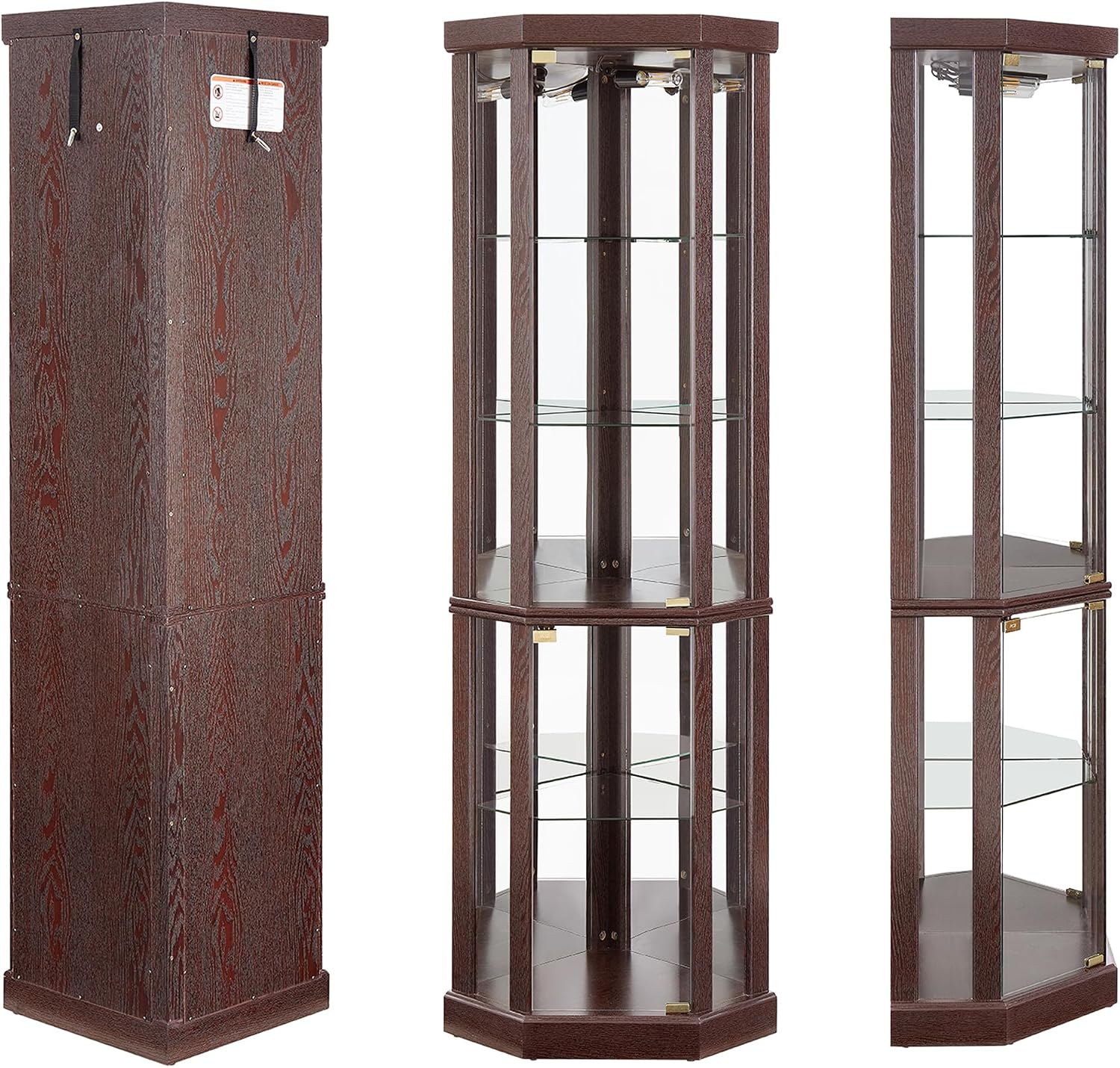 69' H Lighted Curio Cabinet Corner Display Case,Corner Glass Cabinets with Tempered Glass Door and Adjustable Shelves,Wooden Curio Cabinet with Mirrored Back Pane (Style 1 - Dark Cherry)