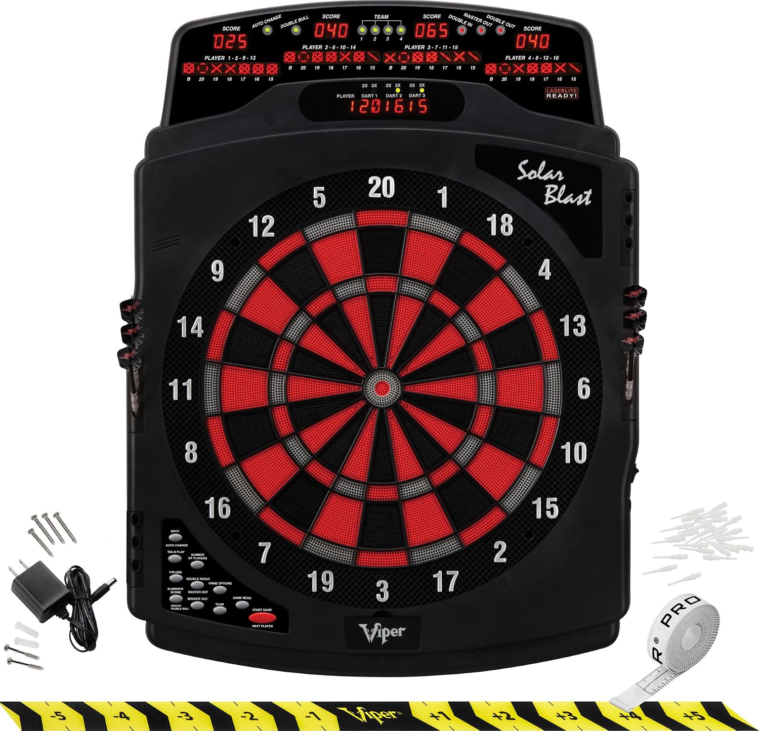Viper Solar Blast Electronic Dartboard, 15.5 in Regulation Target, 43 Games, 16 Players, LED Scoreboard, 6 Darts Included, Black