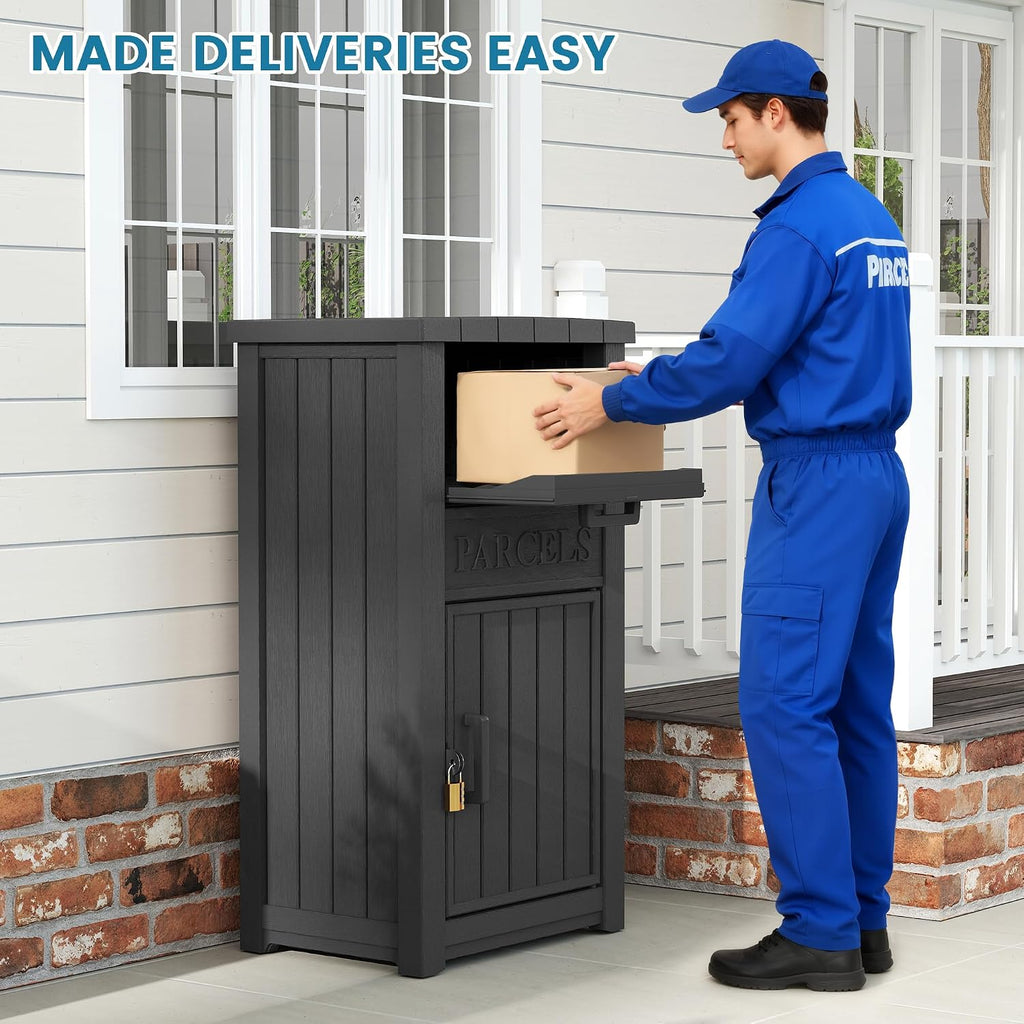Package Delivery Box for Outside, Large Lockable & Weatherproof Anti-Theft Parcel Drop Box for Porch, Curbside, House Storage, Black(60 Gallon with Sign)