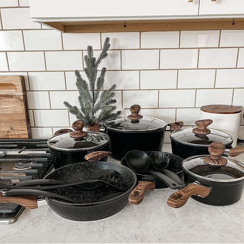 MAISON ARTS Pots and Pans Set Non Stick, 15 Pcs Non-Toxic Hammered Kitchen Cookware Sets, Black Granite Cooking Pot and Pan for Induction, Stovetop