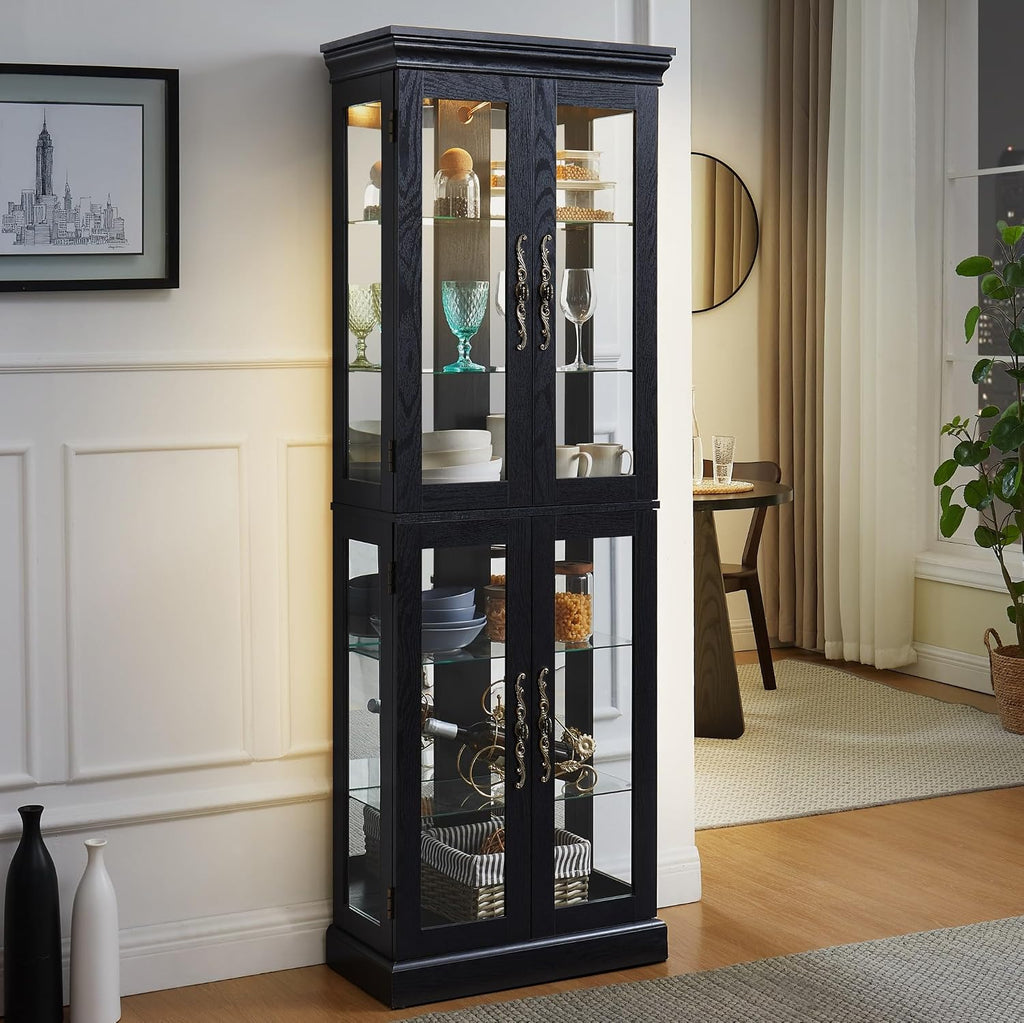 71' Lighted Curio Cabinet with 6 Adjustable Shelves, Vintage Glass Display Case, Tempered Glass Doors, Tall Wine Bar Cabinet for Living Room Liquor Storage, Bulb Included (Black & Square)
