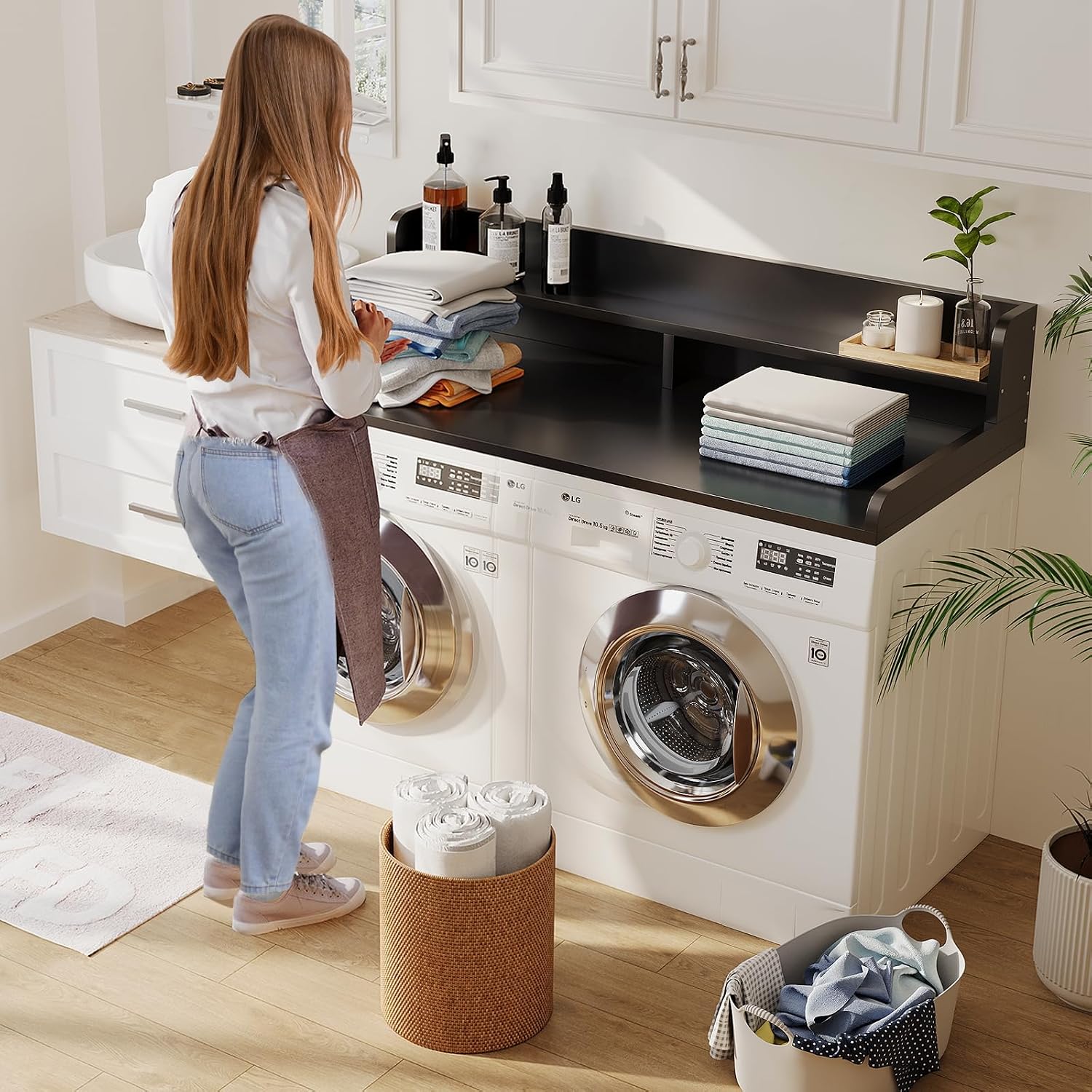 2-Tier Washer Dryer Countertop with 2.75' H Edge Rails, 58' W x 28' D Laundry Countertop for Folding Clothes, Washer and Dryer Topper with Non-Slip Pad (Black)