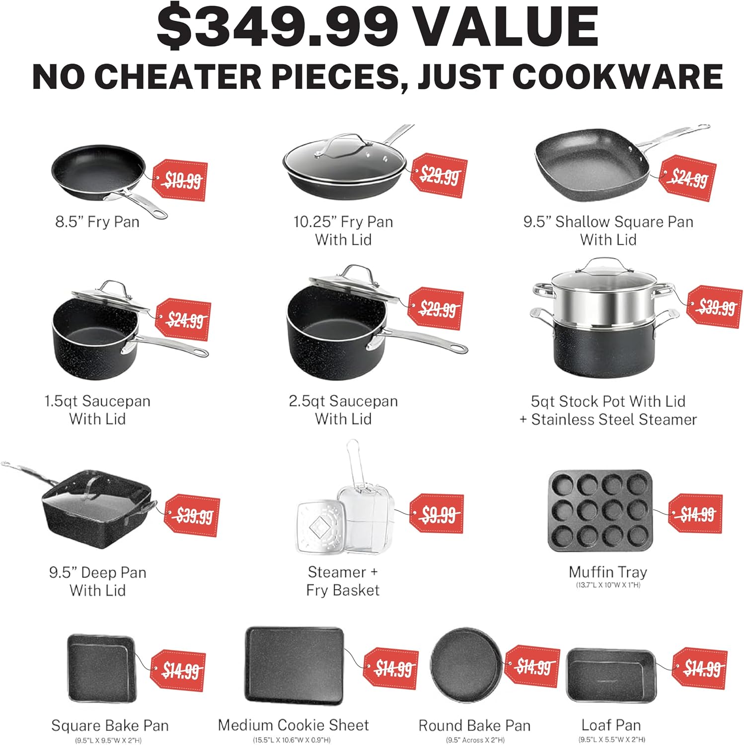 20 Pc Pots and Pans Set Non Stick - Granitestone Cookware Set with Frying Pan, Bakeware & Steamer, Diamond Infused, Aluminum, Non Toxic PFOA PFOS Free, Metal Utensil Safe, Oven Safe to 500°F, Black