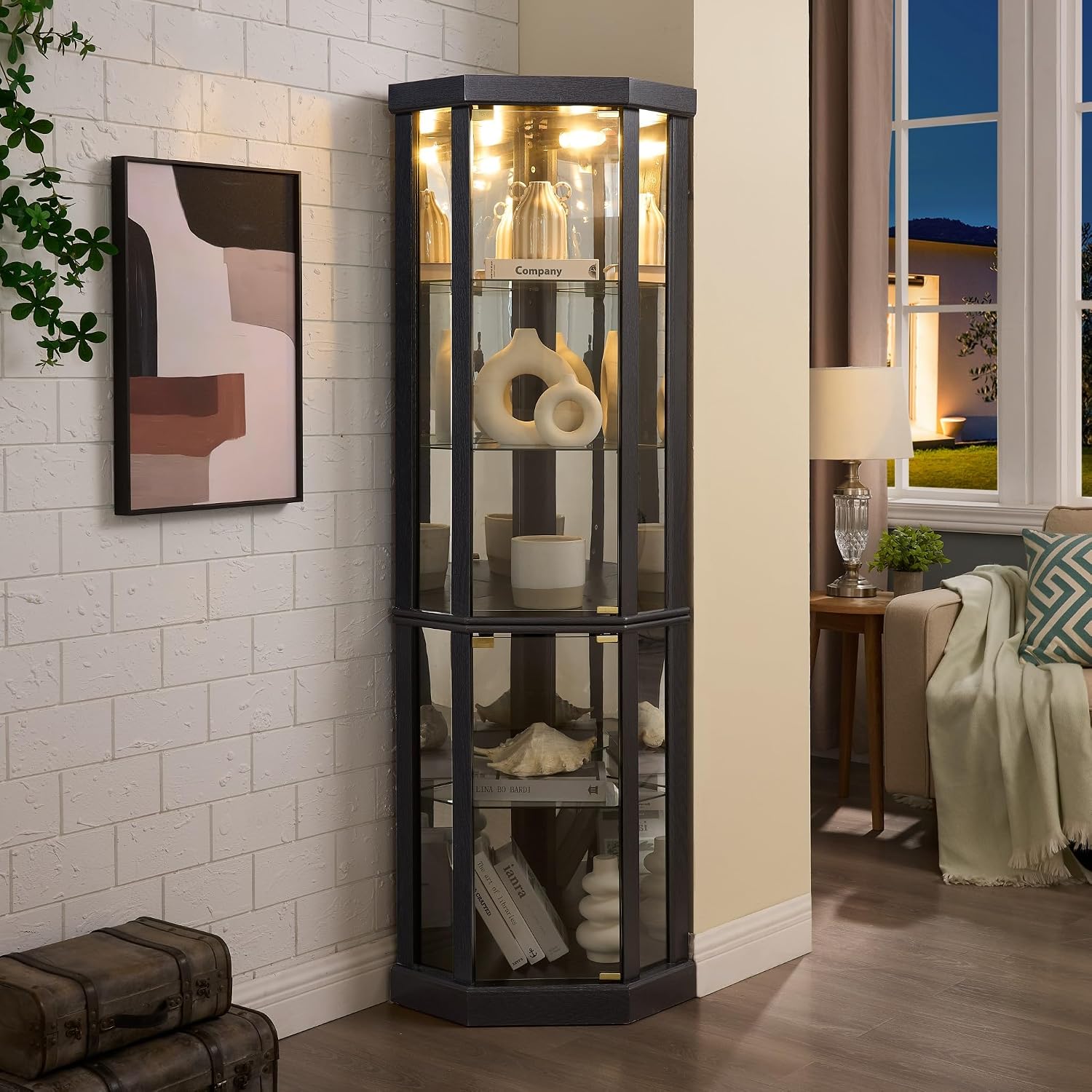 Corner Curio Cabinet, 70' H Lighted Glass Display Cage with Tempered Glass Doors and 5 Adjustable Shelves, Light Bulb Inclued, Wine Bar China Cabinet for Living Room (Black)