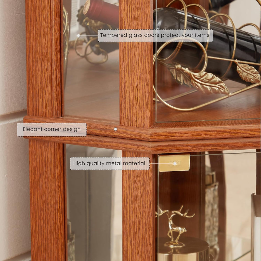 Corner Curio Cabinet, 70' H Lighted Glass Display Cage with Tempered Glass Doors and 5 Adjustable Shelves, Light Bulb Inclued, Wine Bar China Cabinet for Living Room (Dark Oak)