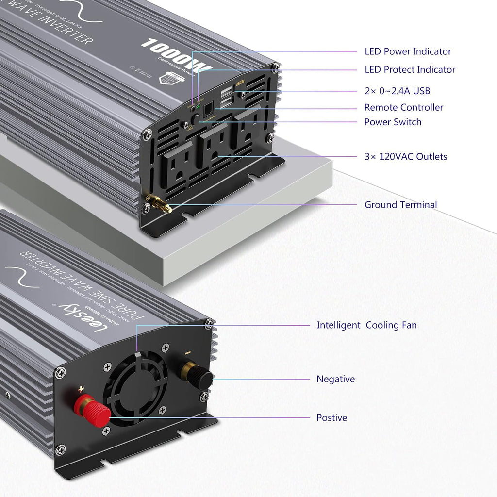 LEESKY 1000W Pure Sine Wave Power Inverter 12V DC to 120V AC Converter with LCD Remote Controller UL-Certified Fuses Compatible with Lithium Battery Starlink for Car RV Truck Solar Home Off-Grid Use
