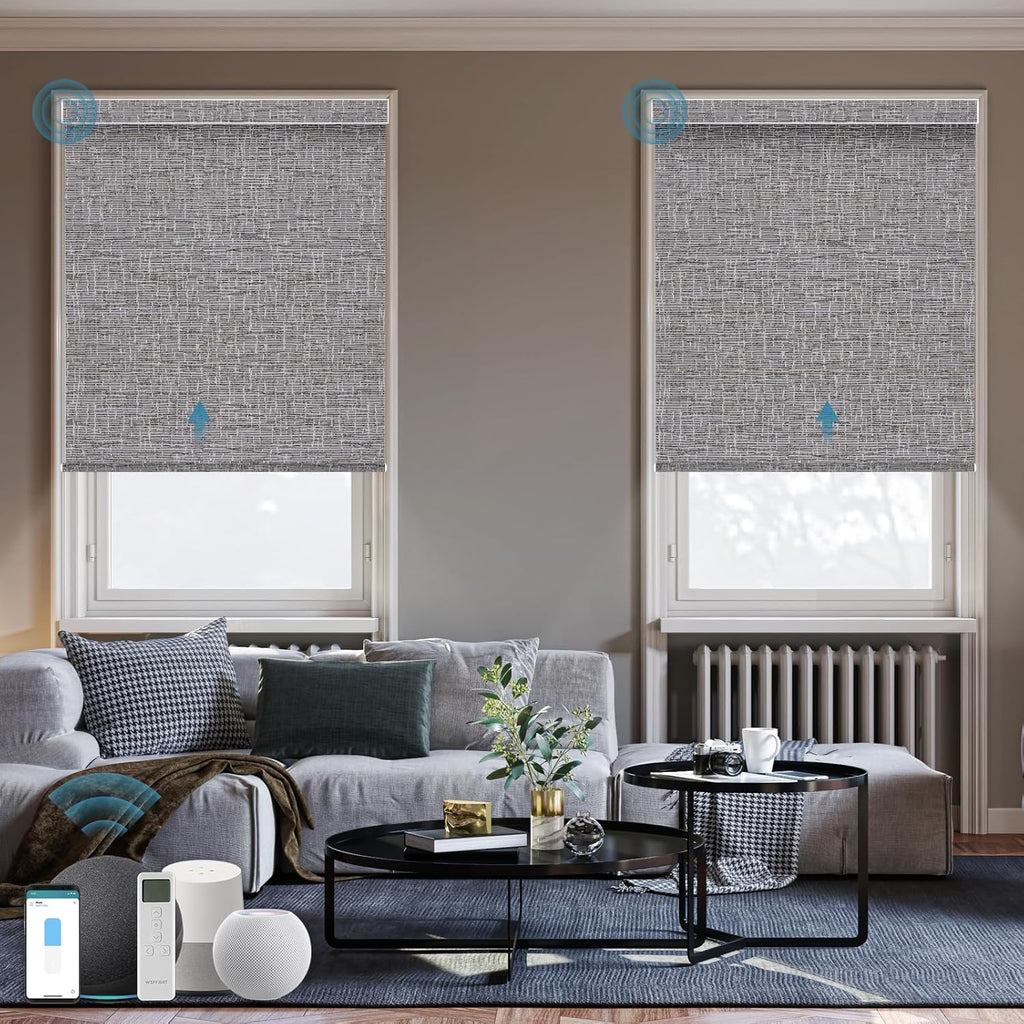 Motorized Roller Shade, 100% Blackout Smart Window Blinds Work with Homekit, Alexa, Google Home, Remote Control, Electric Blinds with USB/Solar Pannel Charging, Texture Midnight