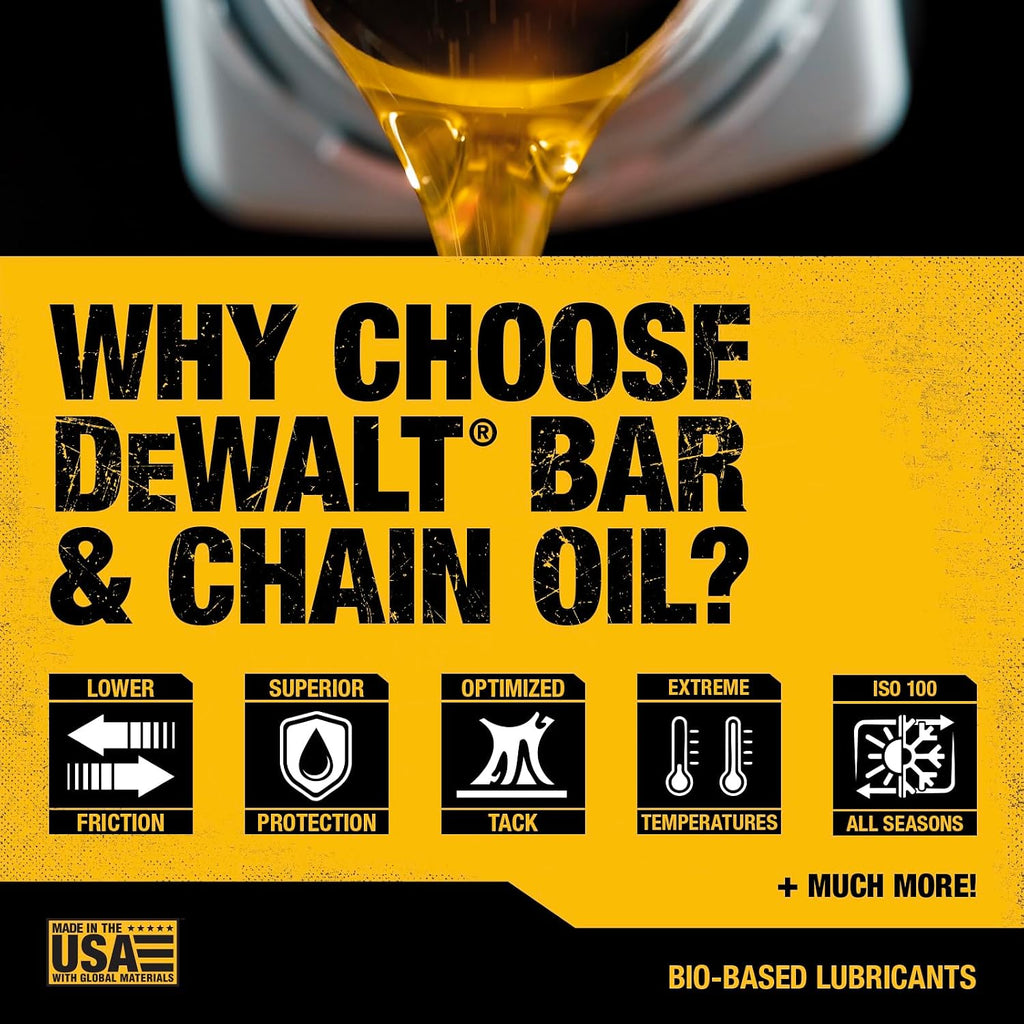 DEWALT – Biodegradable Bar & Chain Oil – Green, Eco-Friendly, Non-Toxic Professional Bar & Chainsaw Lubricant – Ultraclean All-Season Oil for Gas, Electric Saw, and Pole Saw, 32 oz (Case of 12)