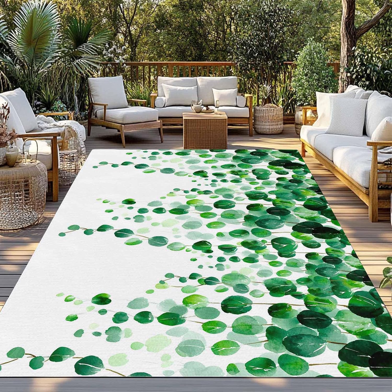 Outdoor Rug 4x6ft Spring Summer Gradient Green Leaves*Watercolor Botantical Patio Area Rugs Waterproof Easy Cleaning Non Shedding Thick Mats Carpet for Indoor Outdoor Porch Deck Backyard Balcony