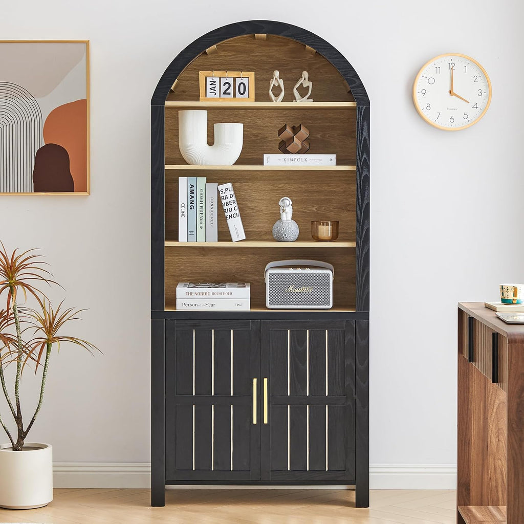 71' Tall Arched Bookcase, Arch Bookshelf with Doors , Modern Farmhouse Book Shelf Storage Cabinet with Adjustable Shelves, Wood Bookshelf w/Open Display for Living Room, Office Decor (Black/Natural)