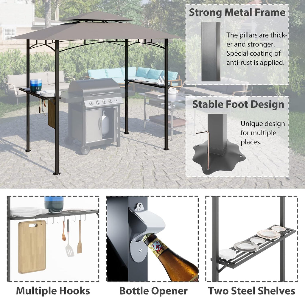 8X 5 FT Grill Gazebo Grill Canopy Double Tiered BBQ Gazebo Outdoor BBQ Canopy, Gray