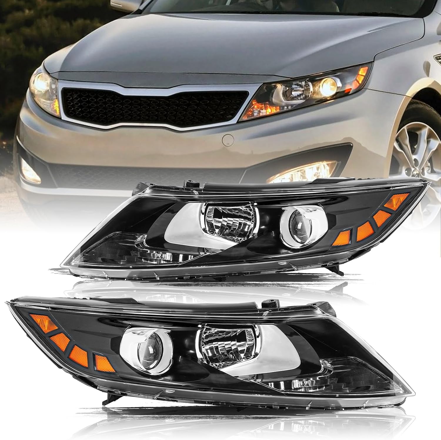Aosky Compatible With 2011-2013 Kia Optima Headlights Halogen Headlamp Assembly OE Black Housing with Amber Reflector Driver and Passenger Side
