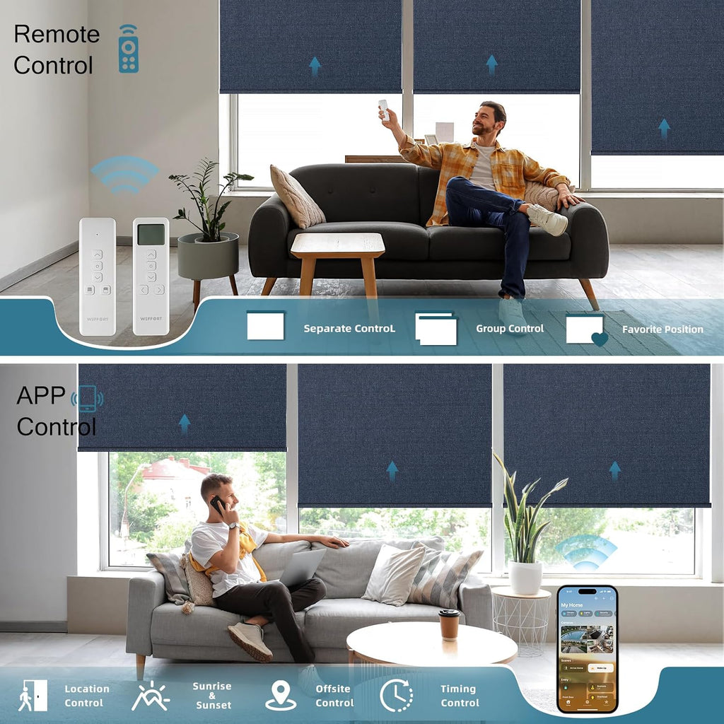 Electric Blinds Compatible with Alexa,Google Home,Motorized Roller Shades with Valance,100% Blackout Automatic Shades for Home&Office,Dark Denim