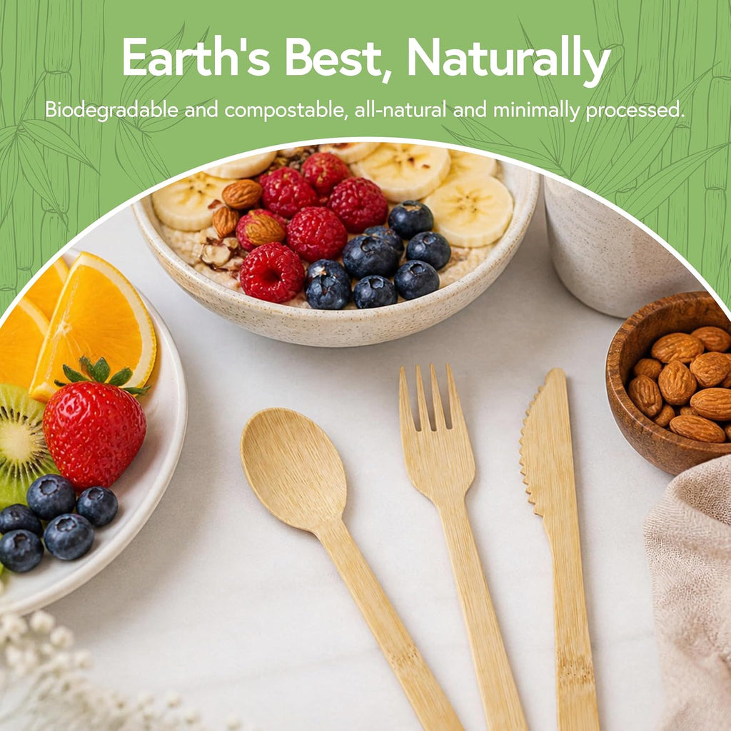 100% Bamboo Cutlery Set - 3000 Utensil Disposable Set (1000 Forks, 1000 Spoons, 1000 Knives) | Reusable or Disposable Utensils for Party | FSC Certified Flatware for Weddings, Camping, Parties