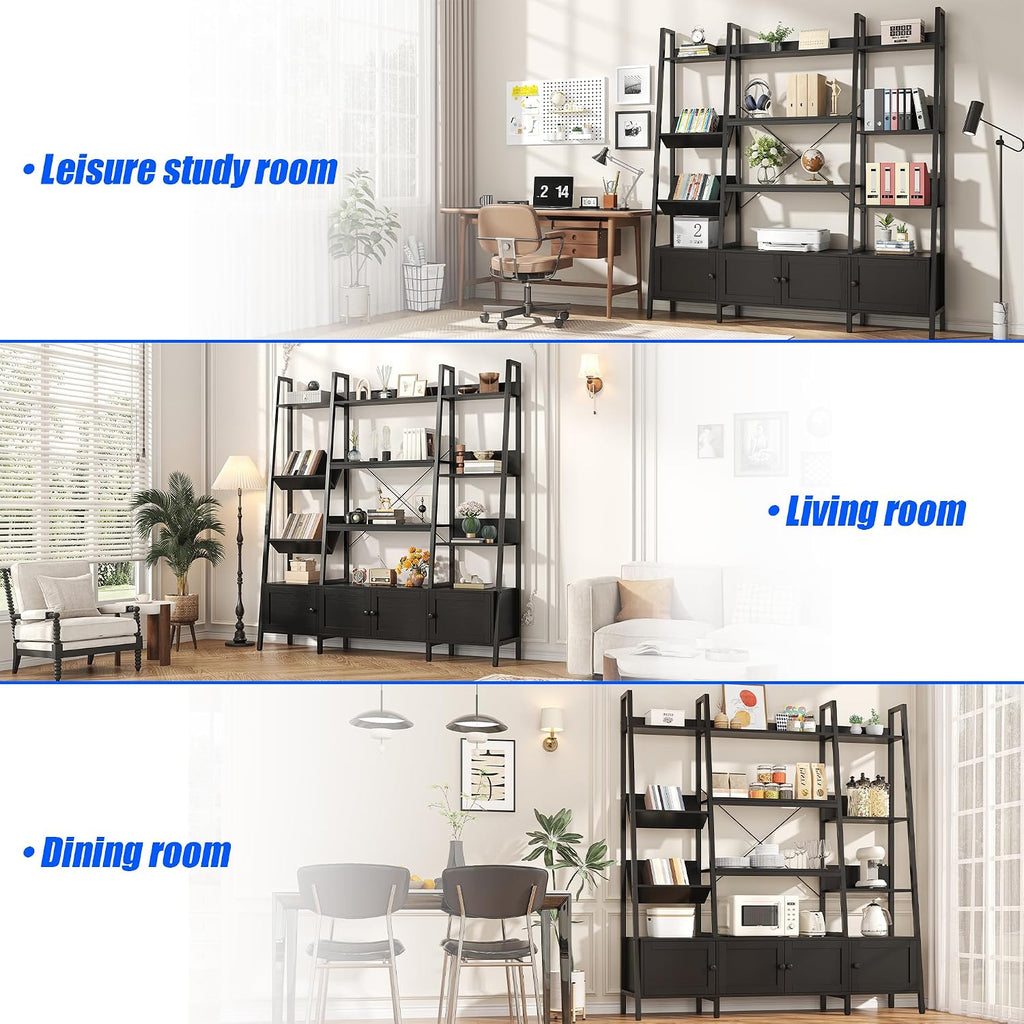 Nosepen Ladder Bookshelf with 4 Doors, 4 Tier Triple Width Large Open Storage Shelving, Industrial Style Capacity Home Office Bookcase with Adjustable Shelves, Display Cabinet Black