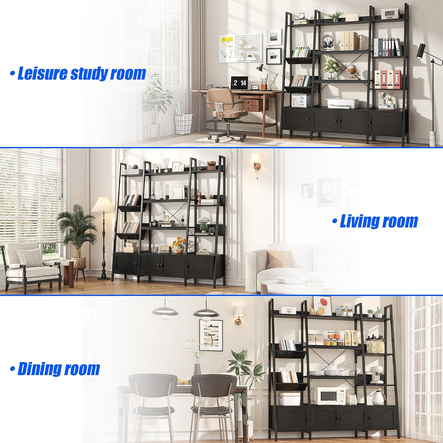 Nosepen Ladder Bookshelf with 4 Doors, 4 Tier Triple Width Large Open Storage Shelving, Industrial Style Capacity Home Office Bookcase with Adjustable Shelves, Display Cabinet Black