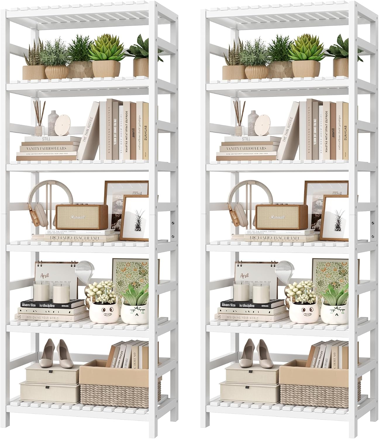 FOTOSOK 6-Tier Bamboo Shelf Set of 2, Bamboo Bookcase with Adjustable Shelves, Free Standing Storage Shelf Unit Plant Flower Stand, Tall Large White Bookshelf for Kitchen, Bathroom, Home Office, White