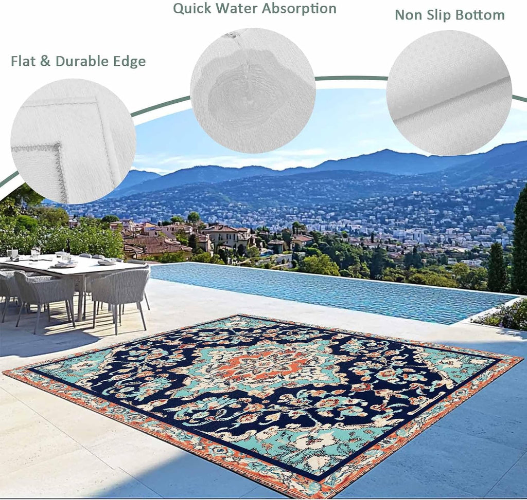 Outdoor Rug 4x6ft Abstract Retro Boho Aesthetic Flower Patio Area Rugs Waterproof Easy Cleaning Non Shedding Thick Mats Mid Century Carpet for Indoor Outdoor Porch Deck Backyard Balcony