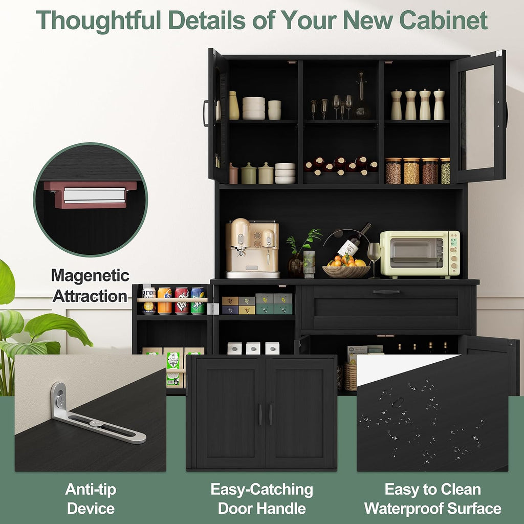 Shintenchi Kitchen Pantry Storage Cabinet, Freestanding Buffet Cabinet with Microwave Stand & 4 Door Shelves, Kitchen Hutch with Doors, Adjustable Shelves and Wine Rack, Black