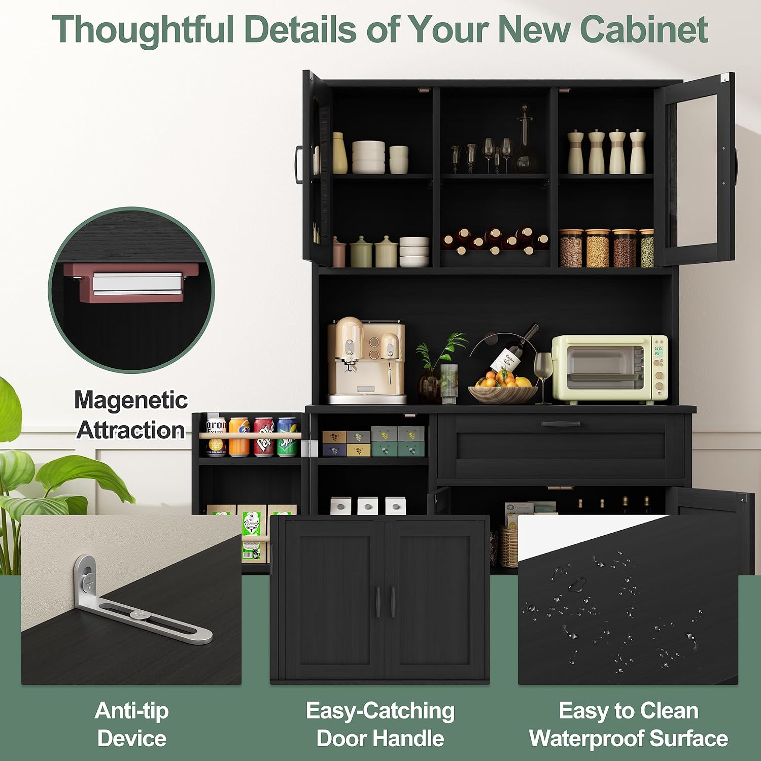 Shintenchi Kitchen Pantry Storage Cabinet, Freestanding Buffet Cabinet with Microwave Stand & 4 Door Shelves, Kitchen Hutch with Doors, Adjustable Shelves and Wine Rack, Black