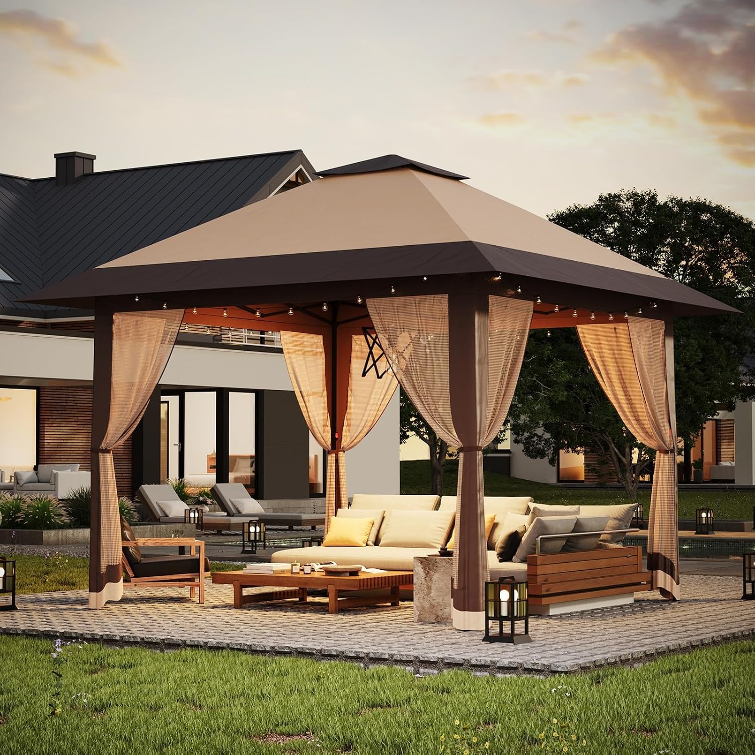 13x13FT Pop-Up Gazebo Canopy Tent - Double Roof, Mosquito Netting, Adjustable Height, UV-Resistant, Heavy Duty, Waterproof, Portable for Patio, Garden, Camping, Party - Khaki + Light Khaki