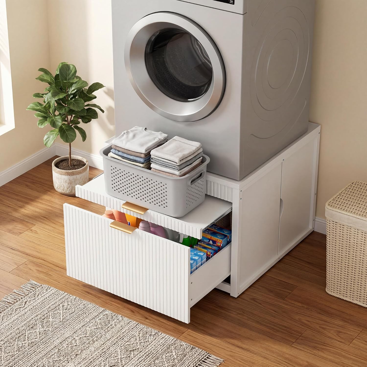 DTK Laundry Workstation Washer Dryer Pedestal with Pull-Out Laundry Basket Shelf,Washer and Dryer Stand with Storage Drawer,Waterproof Steel Top&Anti-Slip Base Fits Most Washing Machines and Dryers