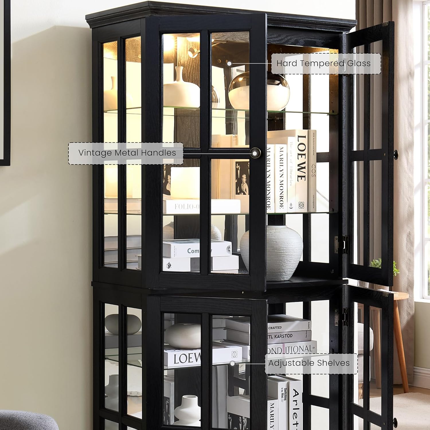 Glass Display Cabinet, 69' H Curio Cabinet with Adjustable Shelves and 4 Glass Doors, Light Bulb Included, Elegant Antique Showcase, Rack for Living Room/Home Office (Black)