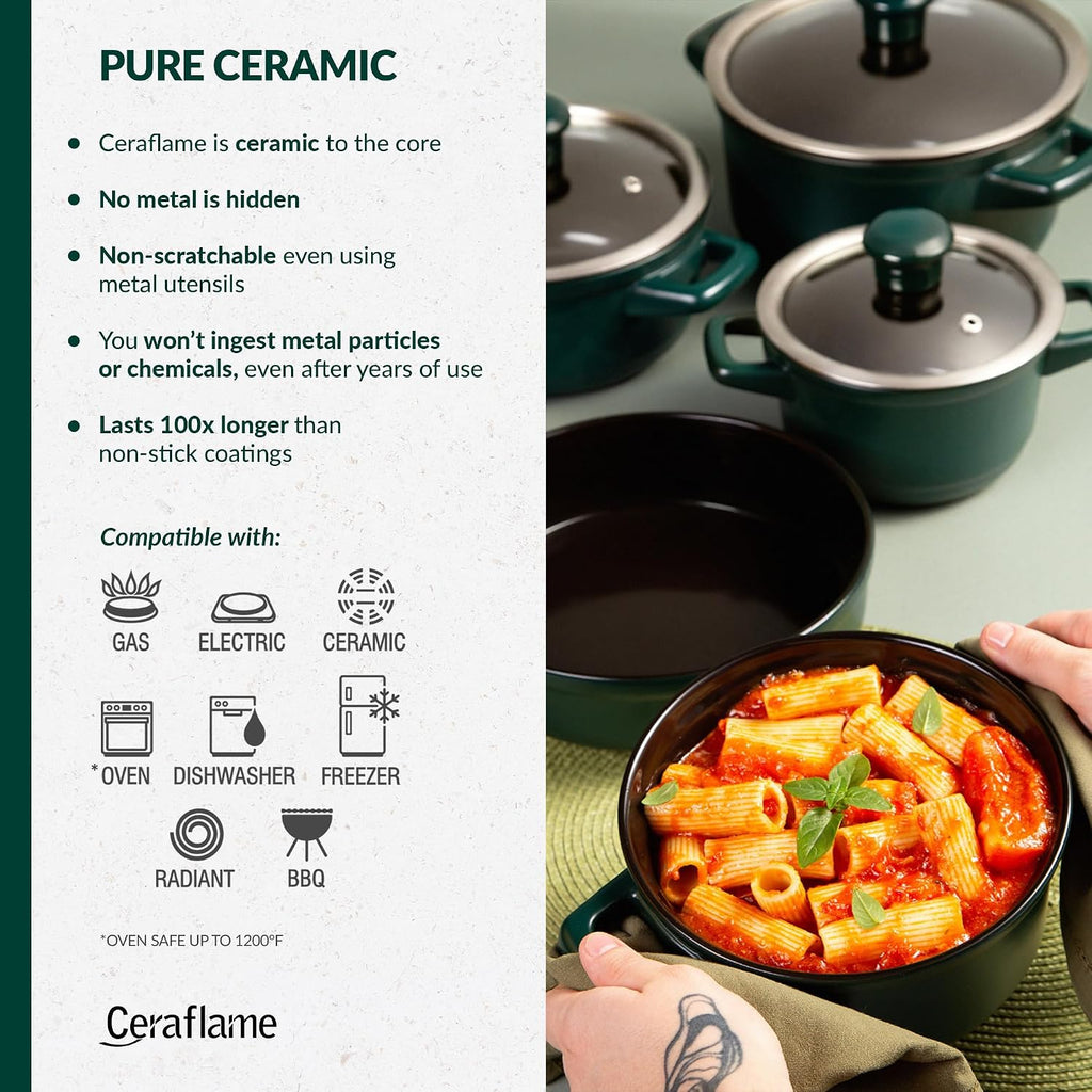 Real Ceramic, Non Scratchable, Non Toxic Cookware Set - Oven Safe Up to 1200F, Stovetop Agnostic, Dishwasher Safe, Longlasting and Lightweight - PFAS, PTFE, PFOA, PFOS - Black