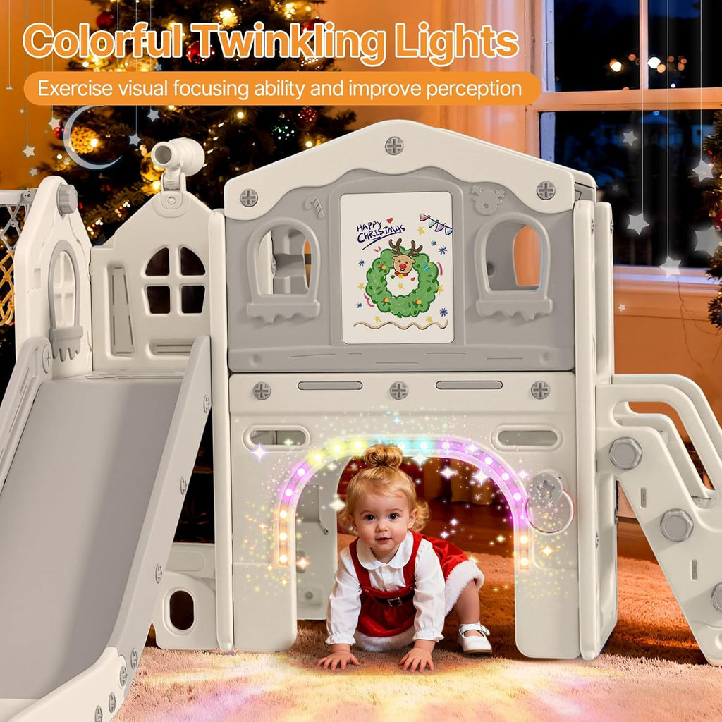 BIERUM 9 in 1 Toddler Slide Set - Baby Slide for Toddlers 1-3 with Colorful Lights, Drawing Board and Building Blocks Board, Indoor Outdoor Toddler Playset Playground, White Gray