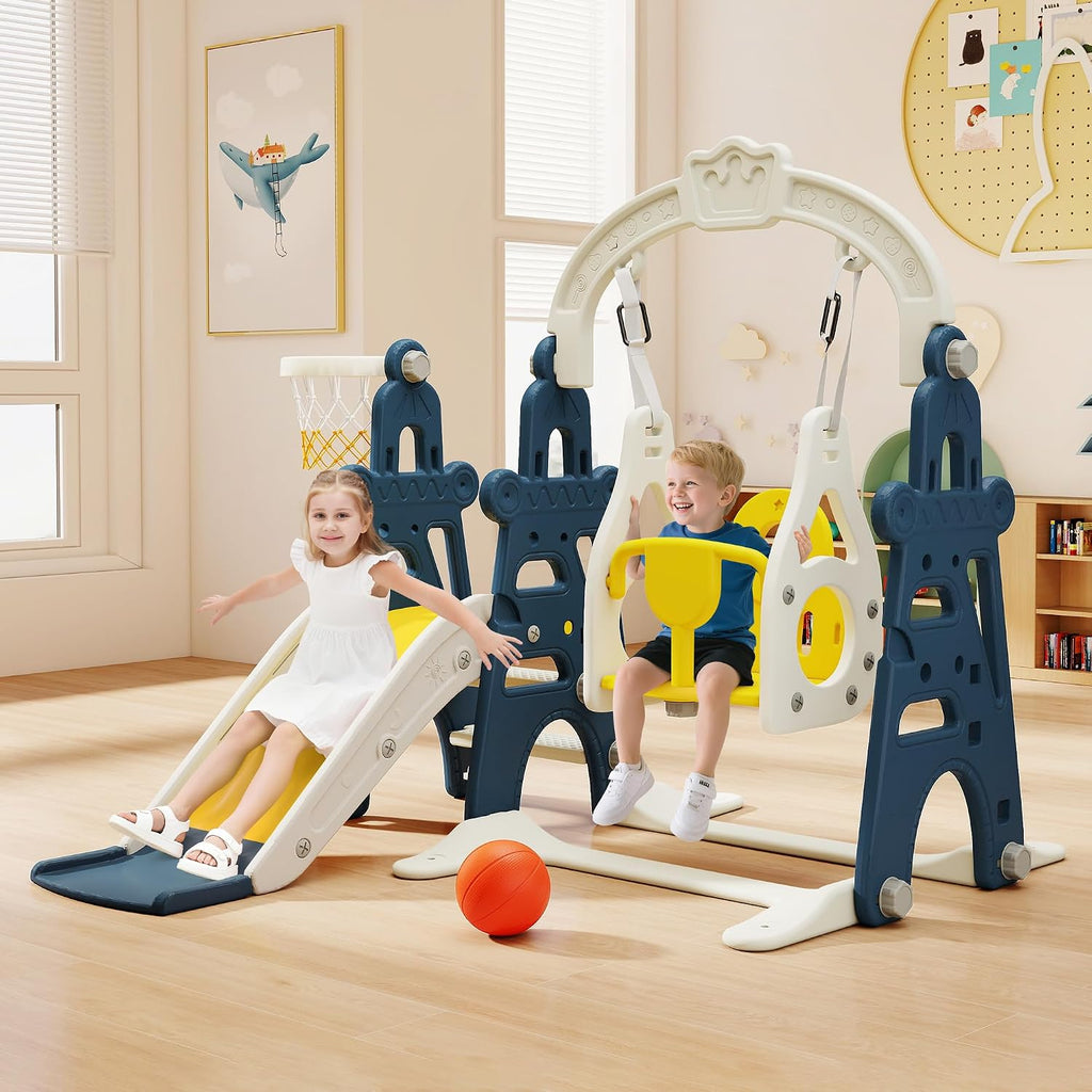 3-in-1 Kids Slide for Toddlers Age 1-3 Slide and Swing Set,Indoor Playground for Children,Freestanding Outdoor Slides with Basketball Hoop,Outside Climber Playhouses,Baby Climbing Toys Blue