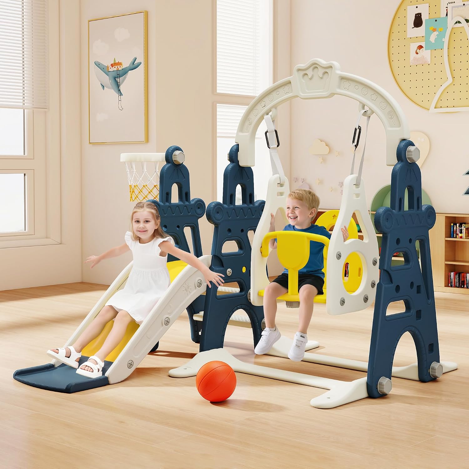 3-in-1 Kids Slide for Toddlers Age 1-3 Slide and Swing Set,Indoor Playground for Children,Freestanding Outdoor Slides with Basketball Hoop,Outside Climber Playhouses,Baby Climbing Toys Blue