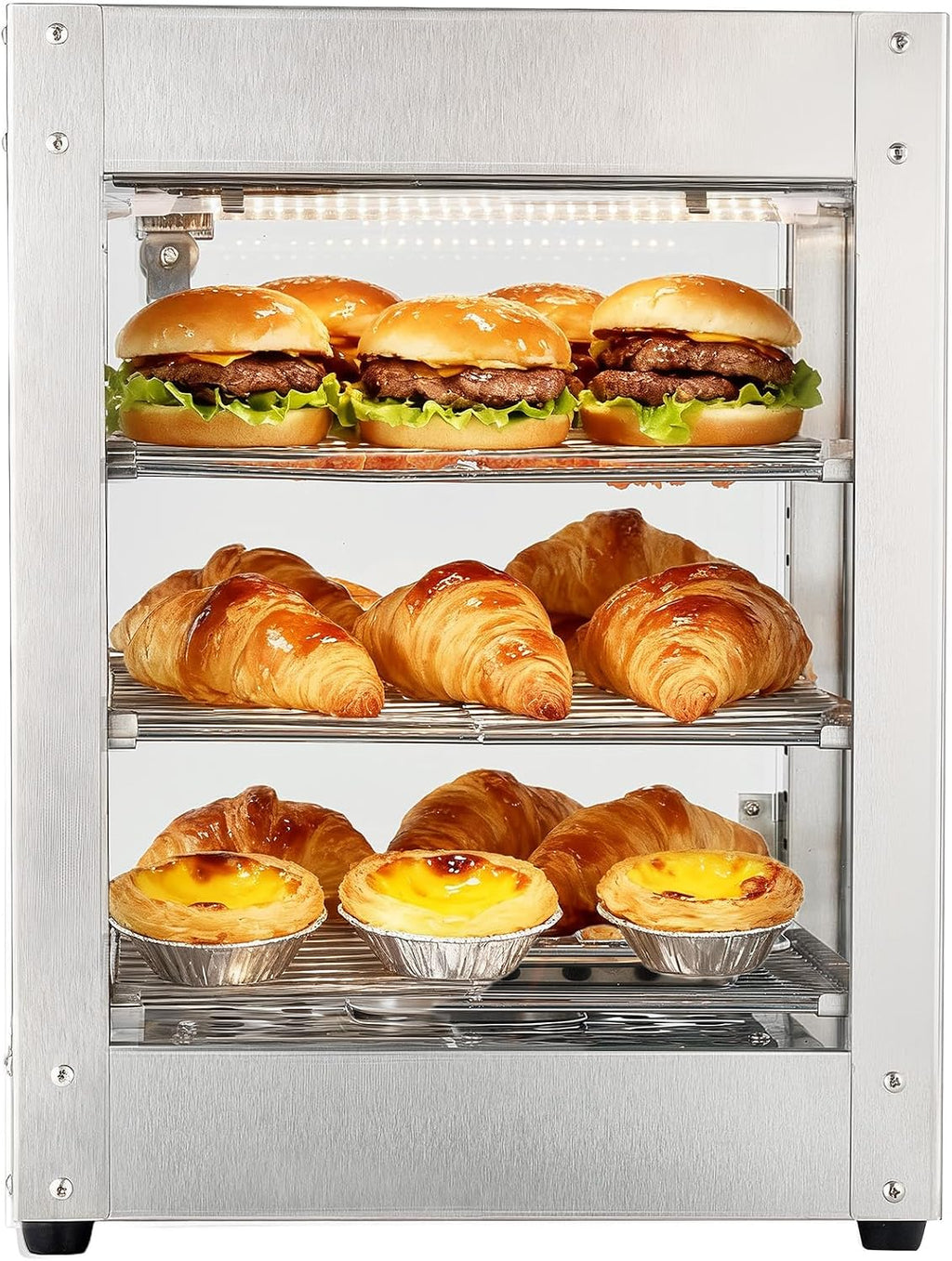 VEVOR 3-Tier Commercial Food Warmer Display, 800W Food Display Warmer with LED Light, Adjustable Shelf and Stainless Steel Frame, 86℉~185℉ Air Heating, 34L for Hamburger, Pizza, Bread, Fried Chicken