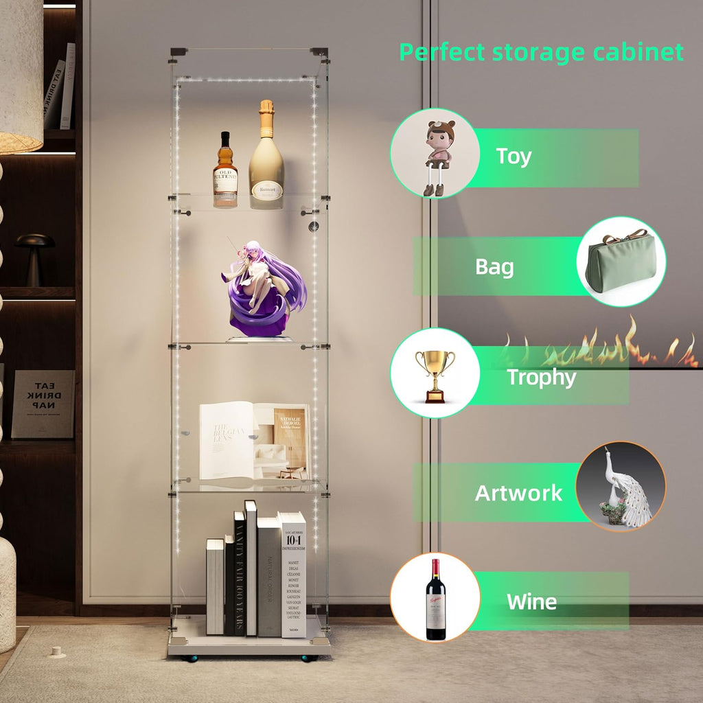 65' Tall Tempered Glass Display Cabinet with LED Lights&Rolling Wheels, Curio Cabinet with 4 Shelves with 1 Door, Quick-Install Style Floor Standing Bookshelf File Cabinet for Living Room Office