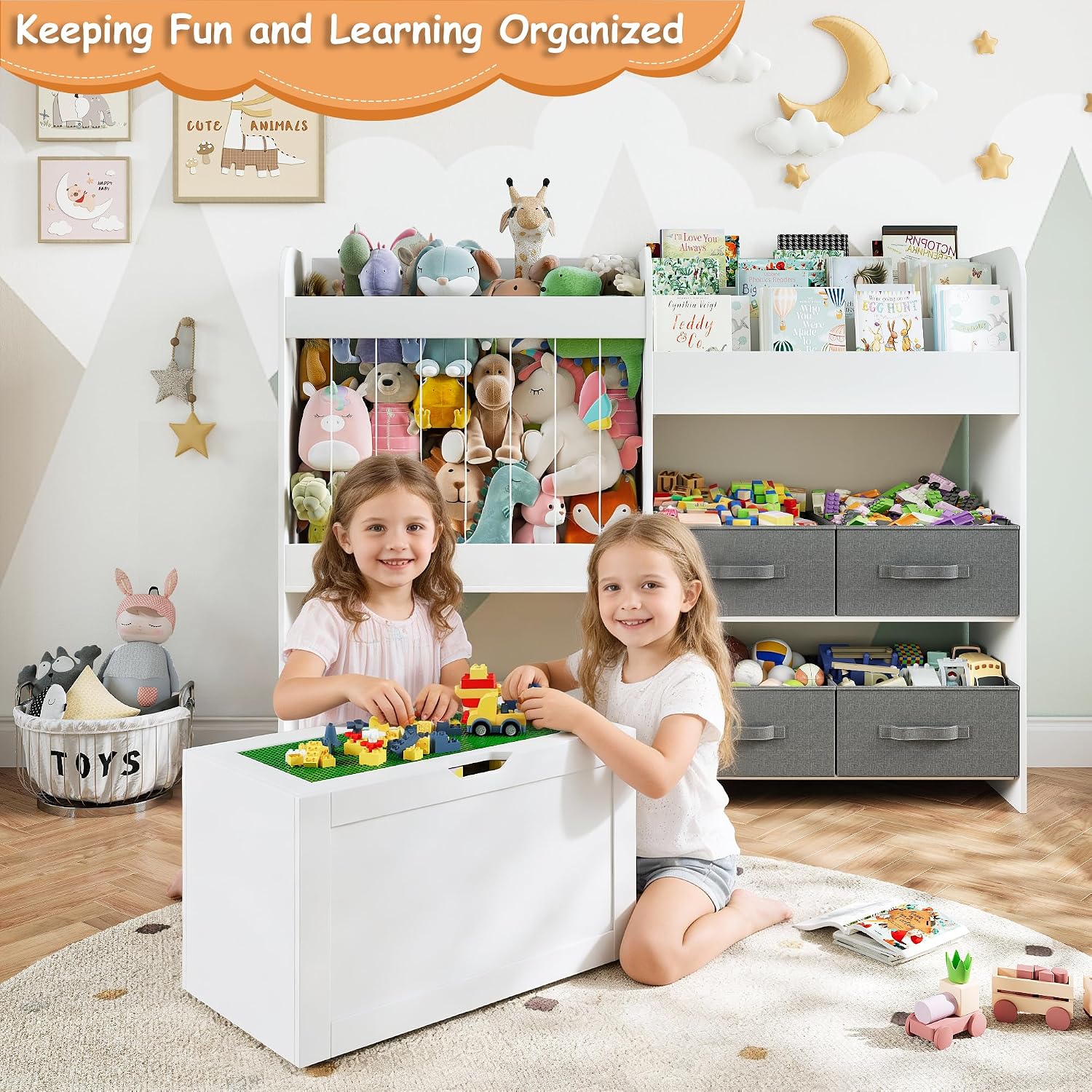 51.1' W Large Toy Storage Organizer with Stuffed Animal Storage, Kids Bookshelf with 4 Removable Toy Bins, Movable Toy Box with Buildable Baseplate Lid for Lego Bricks, Ideal for Kids Room Playroom
