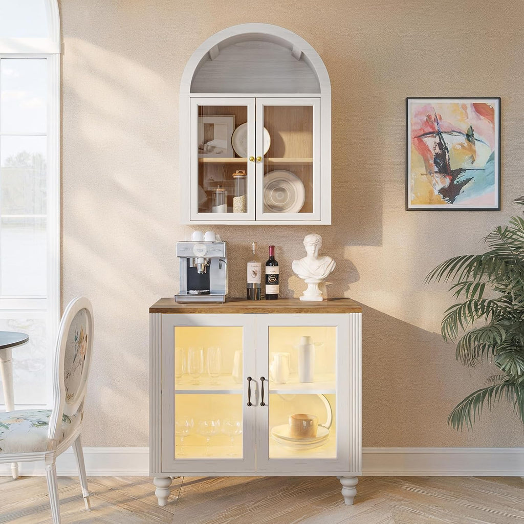 NEWOWNDS Arched Wall Cabinet,Glass Display Wall Mounted Cabinet with Tempered Glass Doors, Floating Cabinet with Adjustable Shelves for Bathroom,Living Room, Kitchen