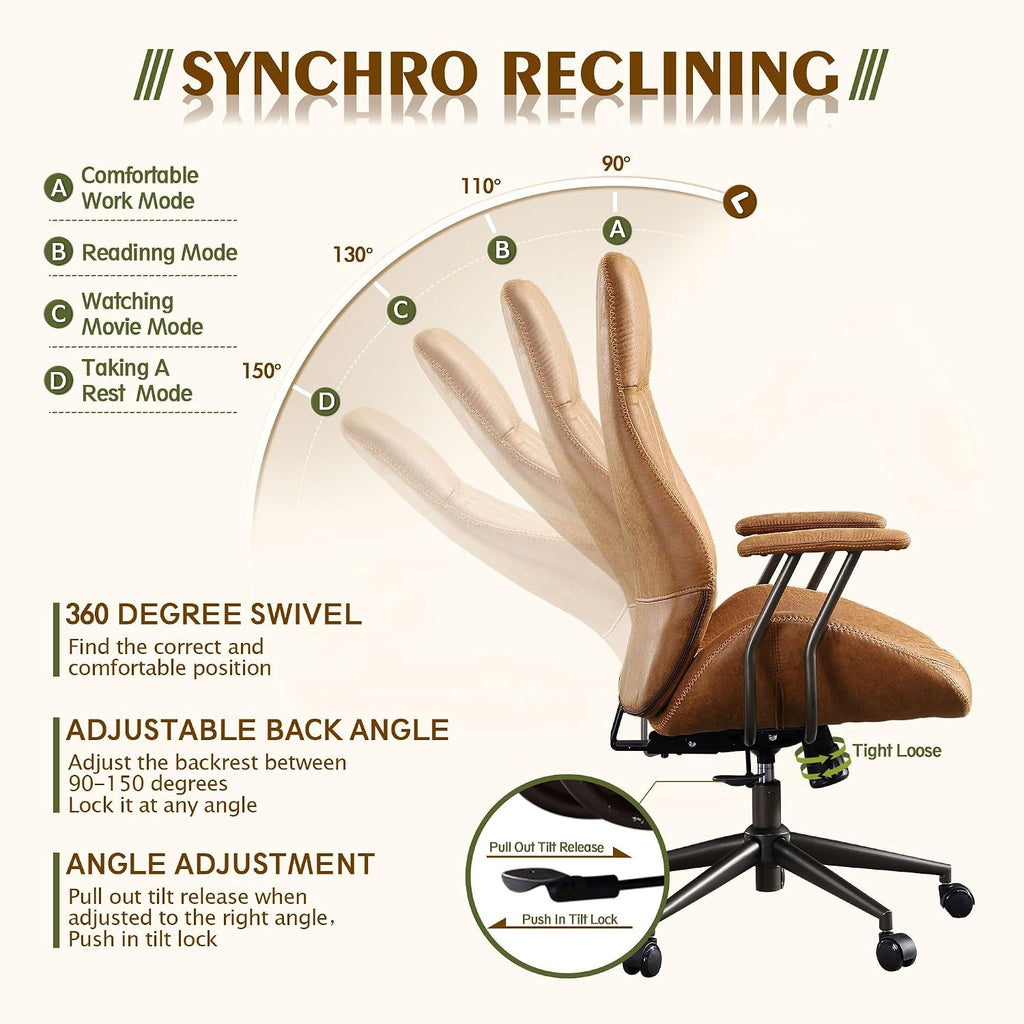 CAODOC High Back Office Chair,Modern Swivel Office Chair,Brown Suede Fabric Gaming Chair,Height Adjustable Home Office Desk Chair with Lumbar Support