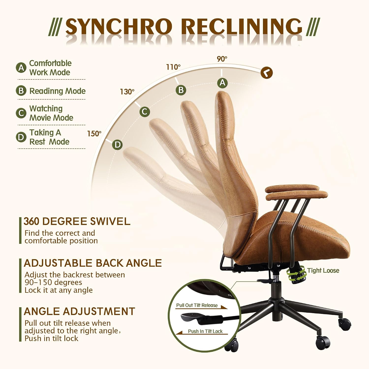 CAODOC High Back Office Chair,Modern Swivel Office Chair,Brown Suede Fabric Gaming Chair,Height Adjustable Home Office Desk Chair with Lumbar Support